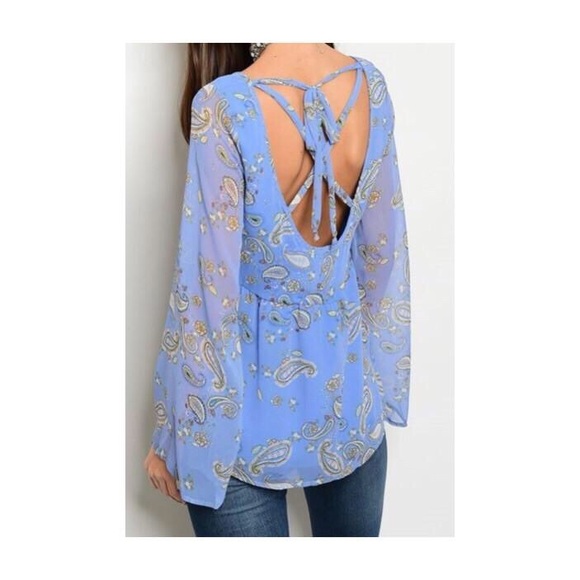 Blue Paisley Bell Sleeve Top w/Back Detail - Picture 3 of 3